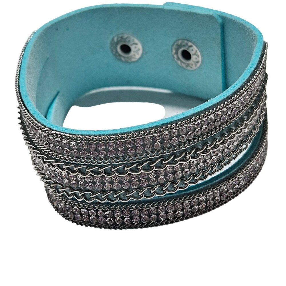 Stylish Silver Tone Chain Rhinestone Stacked Wrap Bracelet Snap Closure Jewelry